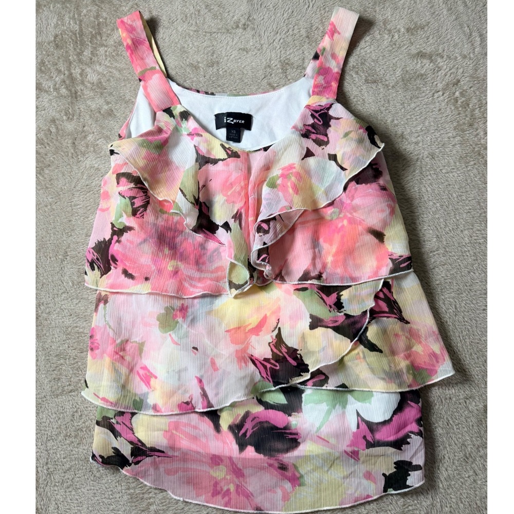 Y2K Iz Byer XS Floral Tiered Ruffle Cami Top Soft Girl Coquette Fairycore Girly